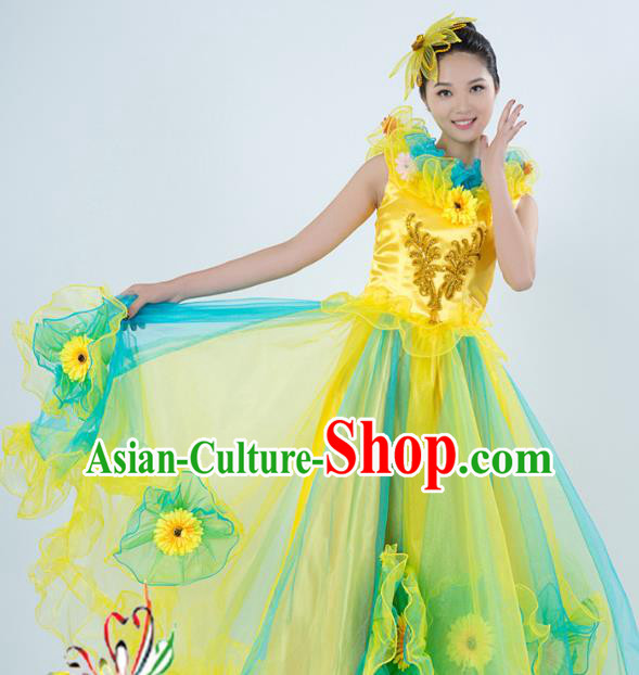 Top Grade Stage Performance Folk Dance Costume Opening Modern Dance Yellow Dress and Headpiece for Women