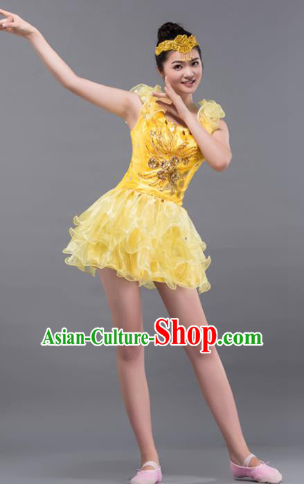 Top Grade Stage Performance Folk Dance Costume Chorus Modern Dance Yellow Bubble Dress for Women
