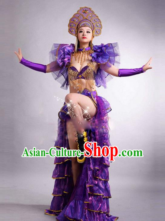 Top Grade Stage Performance Modern Dance Costume Opening Dance Purple Clothing and Headpiece for Women