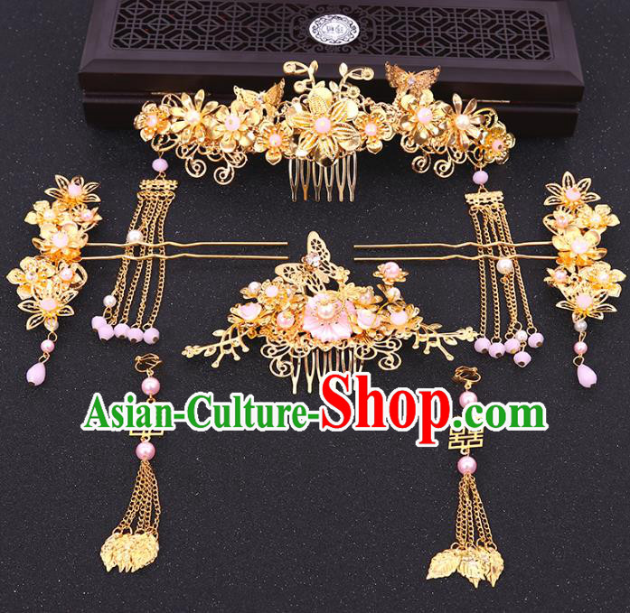 Chinese Traditional Handmade Wedding Pink Beads Phoenix Coronet Hair Accessories Ancient Hairpins Complete Set for Women
