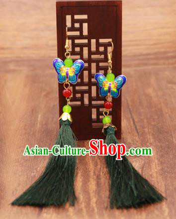 Traditional Chinese Jewelry Accessories Ancient Hanfu Blueing Butterfly Tassel Earrings for Women