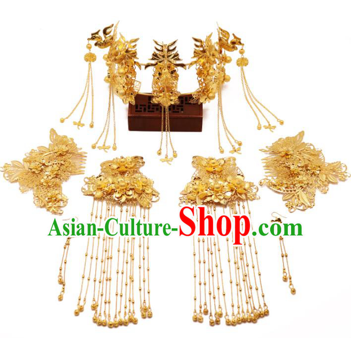 Chinese Traditional Xiuhe Suit Hair Accessories Ancient Handmade Golden Phoenix Coronet Hairpins Complete Set for Women