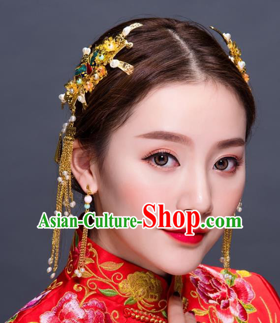 Chinese Traditional Handmade Hair Accessories Ancient Hairpins Xiuhe Suit Hair Combs Complete Set for Women