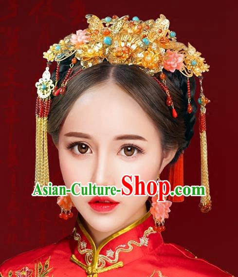 Chinese Traditional Handmade Hair Accessories Phoenix Coronet Ancient Hairpins Xiuhe Suit Hair Combs Complete Set for Women
