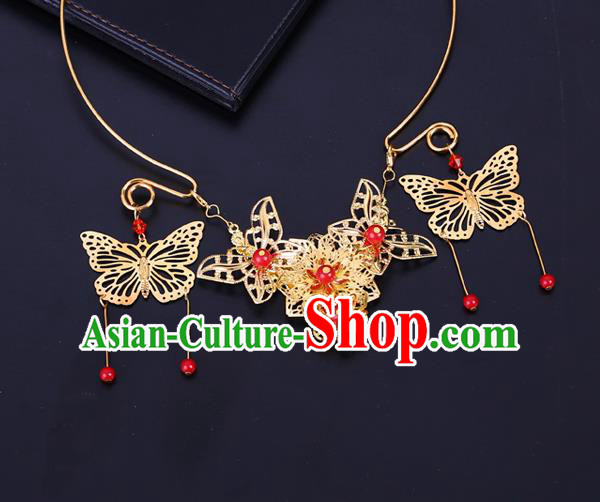 Traditional Chinese Jewelry Accessories Necklace Ancient Hanfu Golden Butterfly Tassel Necklet for Women