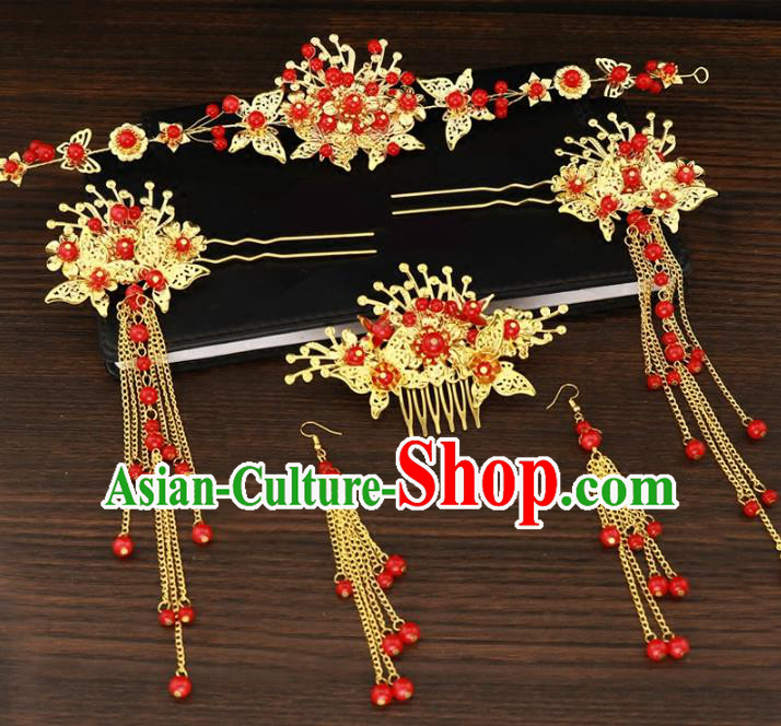 Chinese Traditional Wedding Xiuhe Suit Red Beads Hair Accessories Ancient Hairpins Complete Set for Women