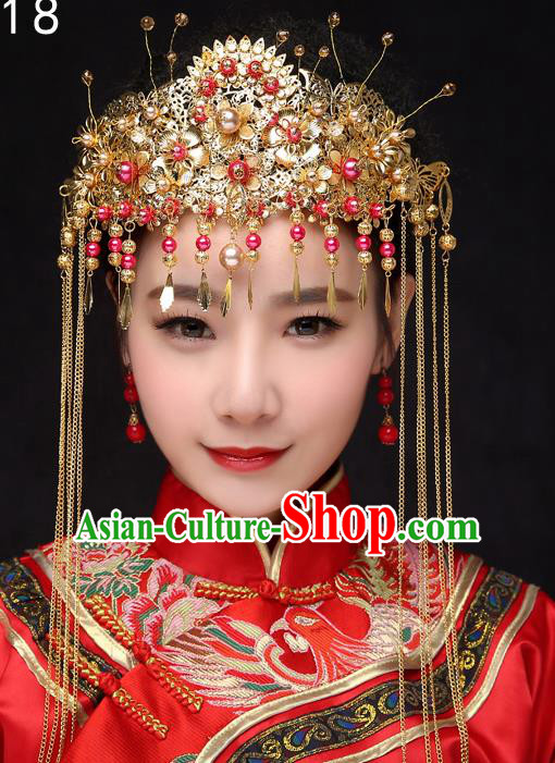 Chinese Traditional Xiuhe Suit Hair Accessories Ancient Hairpins Wedding Tassel Phoenix Coronet Complete Set for Women
