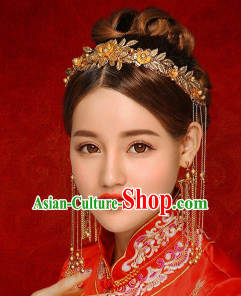 Chinese Traditional Xiuhe Suit Hair Accessories Ancient Golden Phoenix Coronet Hairpins Complete Set for Women