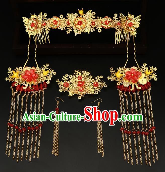 Chinese Traditional Xiuhe Suit Hair Accessories Ancient Golden Hair Comb Hairpins Complete Set for Women