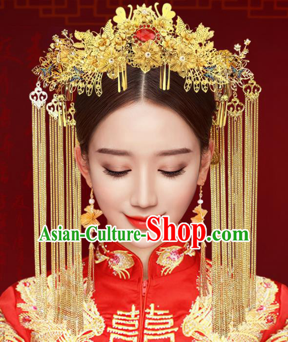Chinese Traditional Xiuhe Suit Hair Accessories Complete Set Ancient Empress Phoenix Coronet Hairpins for Women