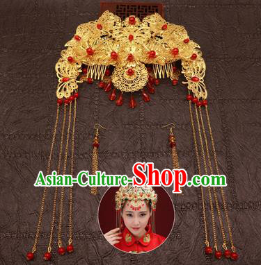 Chinese Traditional Hair Accessories Ancient Hairpins Red Beads Phoenix Coronet for Women