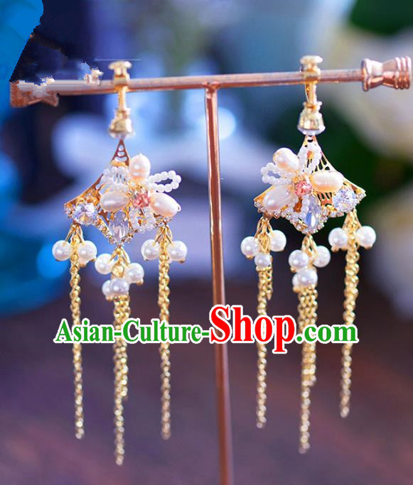 Chinese Handmade Jewelry Accessories Ancient Hanfu Pearls Tassel Earrings for Women