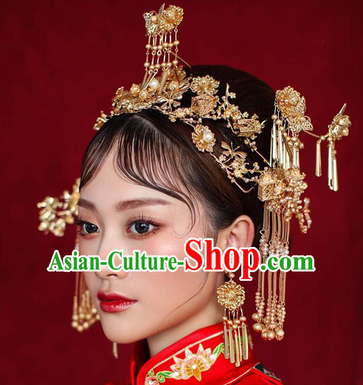 Chinese Ancient Handmade Hair Accessories Phoenix Coronet Traditional Xiuhe Suit Tassel Hairpins for Women