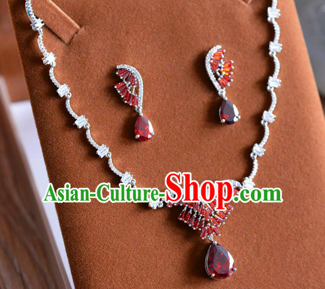Top Grade Handmade Wedding Jewelry Accessories Red Zircon Necklace and Earrings for Women