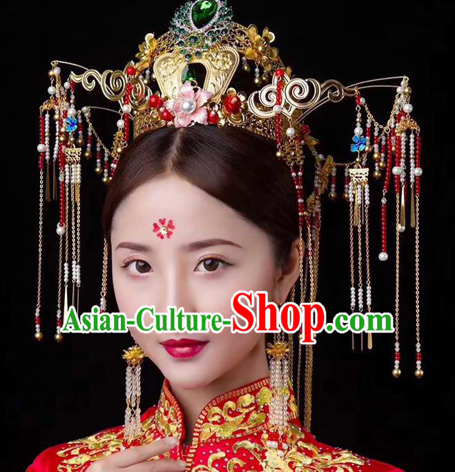 Chinese Ancient Handmade Green Crystal Phoenix Coronet Traditional Xiuhe Suit Hairpins Hair Accessories for Women