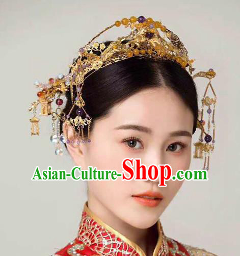 Chinese Ancient Handmade Palace Hair Accessories Phoenix Coronet Traditional Hairpins Complete Set for Women
