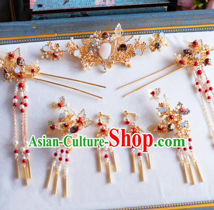 Chinese Ancient Handmade Palace Traditional Hair Accessories Xiuhe Suit Golden Hairpins Complete Set for Women