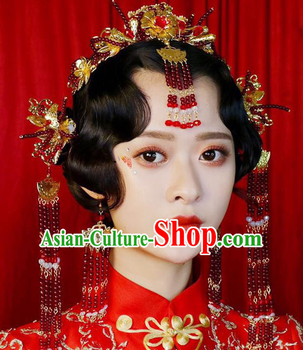 Chinese Ancient Handmade Palace Red Beads Tassel Hair Clips Traditional Hair Accessories Xiuhe Suit Hairpins for Women