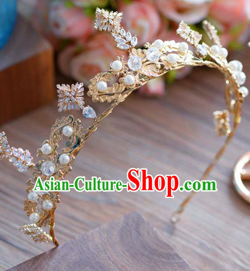 Top Grade Handmade Baroque Zircon Hair Accessories Princess Golden Pearls Royal Crown Headwear for Women