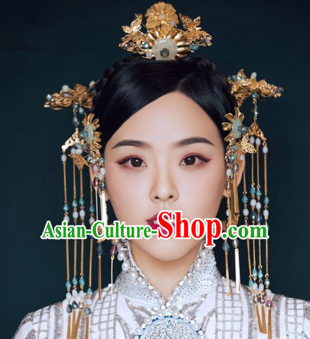 Ancient Chinese Handmade Jade Peace Buckle Phoenix Coronet Traditional Hair Accessories Xiuhe Suit Hairpins for Women