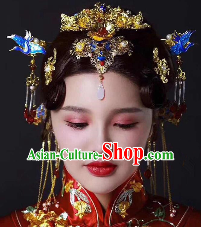Ancient Chinese Handmade Traditional Hair Accessories Blueing Phoenix Coronet Xiuhe Suit Hairpins for Women