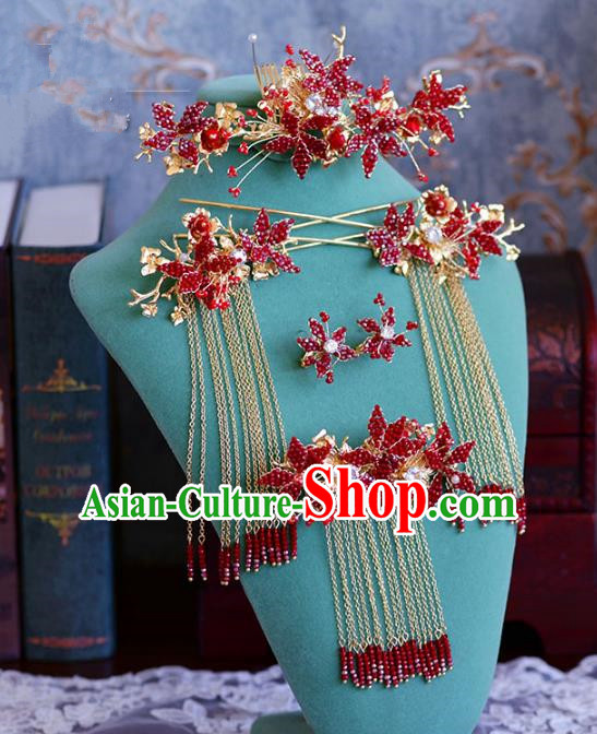Ancient Chinese Handmade Hair Accessories Xiuhe Suit Red Beads Hair Comb Hairpins Complete Set for Women