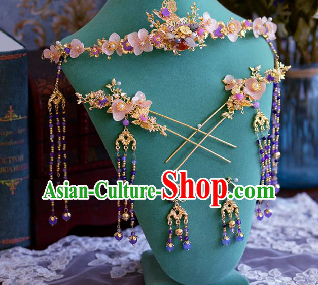 Ancient Chinese Handmade Traditional Hair Accessories Pink Flowers Phoenix Coronet Hairpins Complete Set for Women