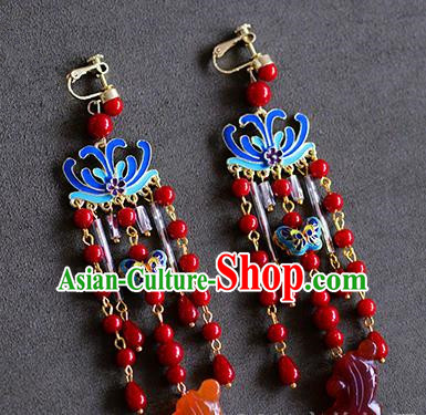 Top Grade Chinese Handmade Wedding Red Beads Tassel Earrings Accessories Bride Blueing Lotus Eardrop for Women