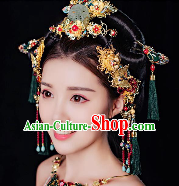 Ancient Chinese Handmade Classical Hair Accessories Palace Phoenix Coronet Jade Hairpins Complete Set for Women
