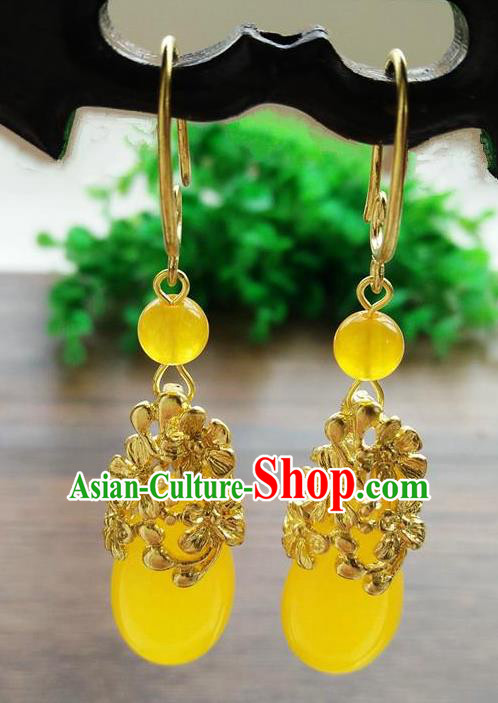 Top Grade Chinese Handmade Wedding Accessories Hanfu Palace Turmeric Jade Brass Earrings for Women