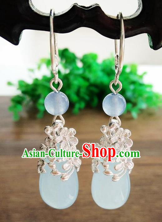 Top Grade Chinese Handmade Wedding Accessories Hanfu Palace Blue Jade Brass Earrings for Women