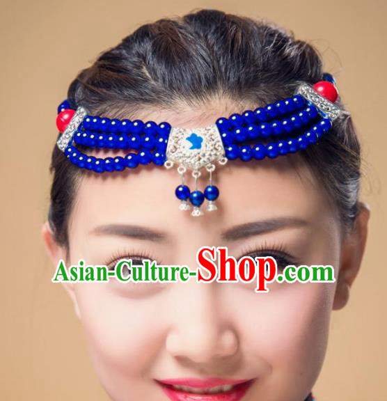 Traditional Chinese Mongol Nationality Dance Hair Accessories, Mongolian Minority Royalblue Beads Hair Clasp Headwear for Women