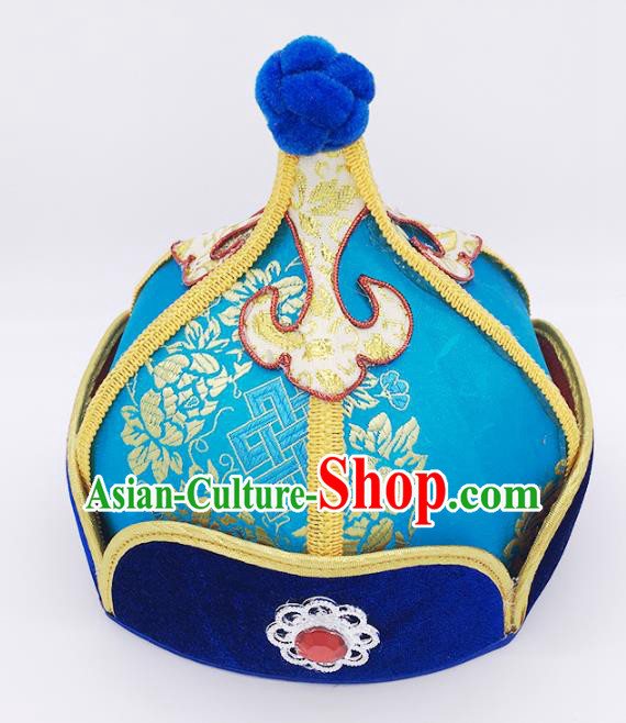 Traditional Chinese Mongol Nationality Handmade Hat, Handmade Mongolian Minority Blue Hats Headwear for Kids