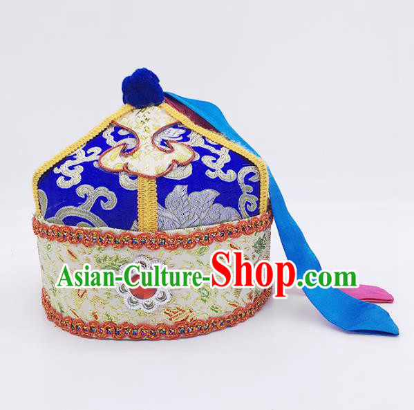 Traditional Chinese Mongol Nationality Prince Handmade Hair Accessories, Mongolian Minority Royalblue Hats for Kids