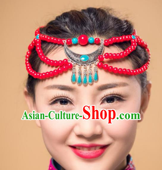 Traditional Chinese Mongol Nationality Dance Hair Accessories, Handmade Mongolian Minority Beads Hair Clasp Headwear for Women