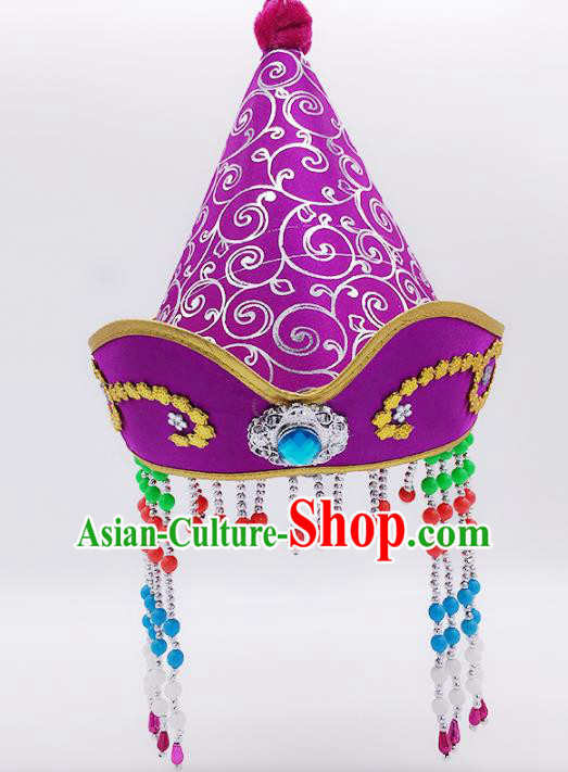 Traditional Chinese Mongol Nationality Princess Hair Accessories, Mongolian Minority Purple Hats for Kids