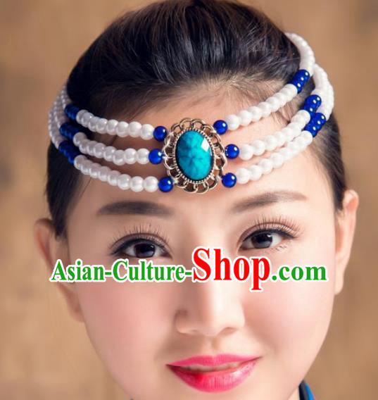 Traditional Chinese Mongol Nationality Dance Hair Accessories, Handmade Mongolian Minority White Beads Hair Clasp Headwear for Women