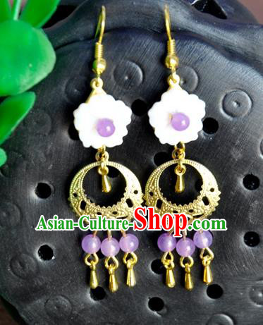Top Grade Chinese Handmade Accessories Hanfu Eardrop Purple Beads Tassel Shell Earrings for Women