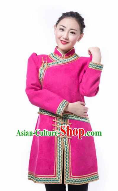 Chinese Mongol Nationality Ethnic Suede Fabric Costume, Traditional Mongolian Folk Dance Rosy Clothing for Women
