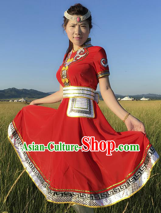 Chinese Mongol Nationality Ethnic Costume Red Dress, Traditional Mongolian Folk Dance Clothing for Women