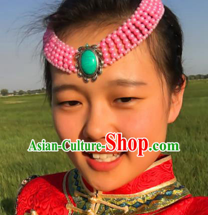Traditional Chinese Mongol Nationality Princess Pink Beads Hair Accessories, Mongolian Minority Hair Jewelry Dance Headwear for Women