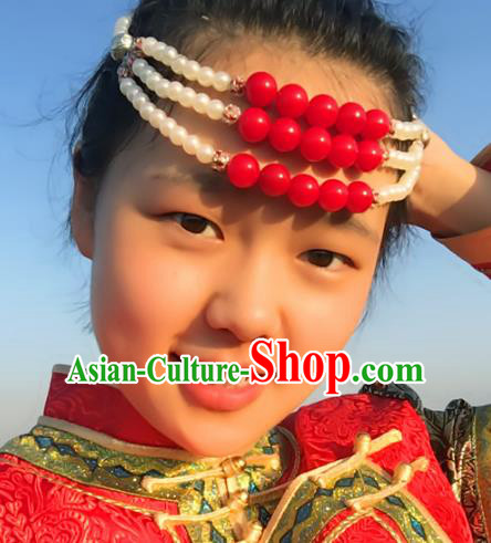 Traditional Chinese Folk Dance Hair Accessories, Mongolian Minority White Beads Hair Jewelry Dance Headwear for Women