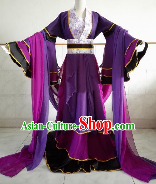 Chinese Ancient Cosplay Fairy Costume Tang Dynasty Palace Princess Swordswoman Purple Hanfu Dress for Women