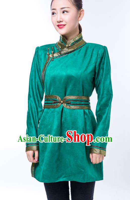 Chinese Traditional Female Green Suede Fabric Ethnic Costume, China Mongolian Minority Folk Dance Clothing for Women