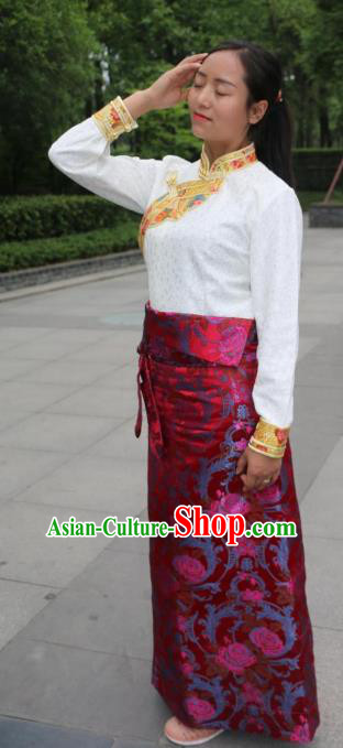 Chinese Traditional Minority Costume Zang Nationality Red Brocade Bust Skirt for Women