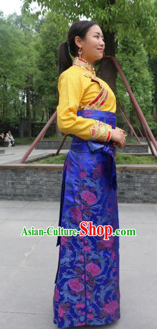 Chinese Traditional Minority Costume Zang Nationality Royalblue Brocade Bust Skirt for Women