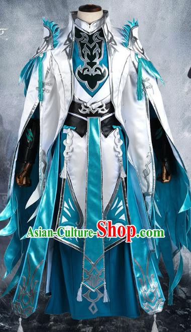 Chinese Ancient Nobility Childe Warrior Costume Cosplay Swordsman Blue Clothing for Men