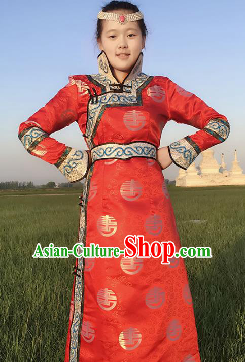 Chinese Mongol Nationality Female Ethnic Costume, Traditional Mongolian Folk Dance Red Mongolian Robe for Women