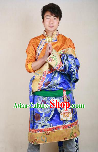 Chinese Traditional Tibetan Minority Dance Costume Zang Nationality Blue Brocade Tibetan Robe for Men