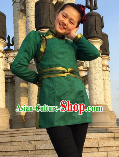 Chinese Traditional Female Ethnic Costume Green Suede Fabric Mongolian Robe, China Mongolian Minority Folk Dance Clothing for Women